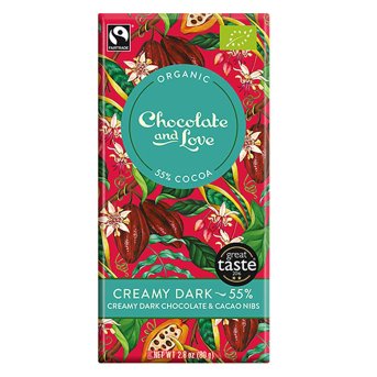 Organic Creamy Dark Chocolate 55% Cacao Nibs Chocolate and L