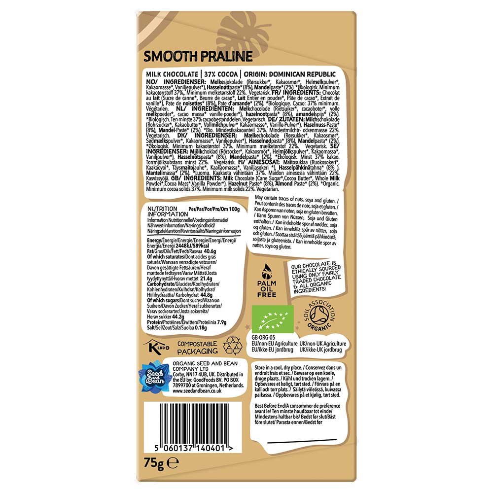 Organic Smooth Praline Milk Chocolate Bar Seed & Bean 75g Organic Smooth Praline Milk Chocolate Bar Seed & Bean 75g