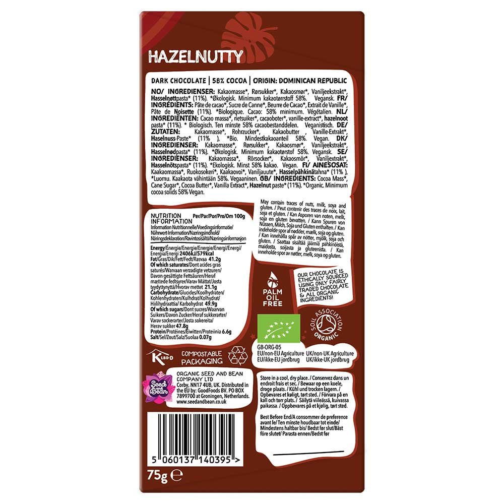 Organic Hazelnutty Dark Chocolate Bar - 58% Seed & Bean 75g Organic Hazelnutty Dark Chocolate Bar - 58% Seed & Bean 75g