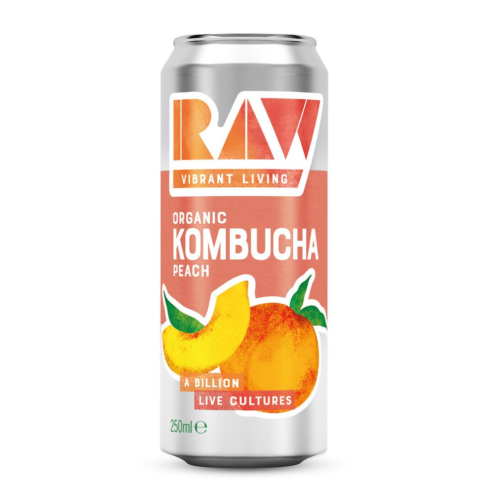 Organic Peach Kombucha Raw Vibrant Living 12x250ml
