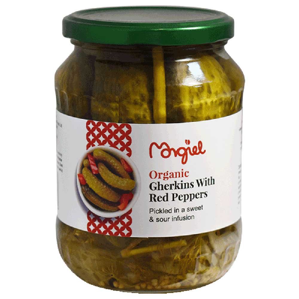 Organic Pickled Gherkins with Red Peppers Morgiel 670g Organic Pickled Gherkins with Red Peppers Morgiel 670g