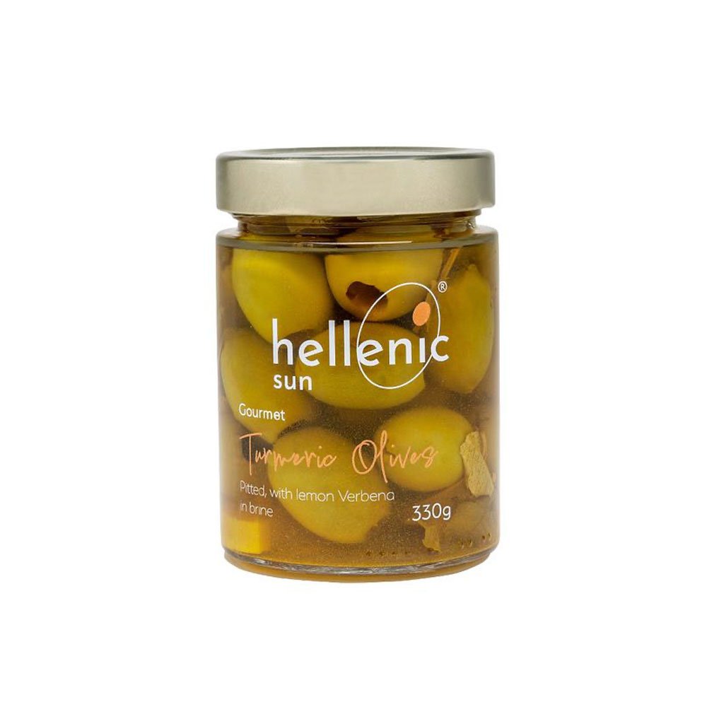 Turmeric Olives with Lemon Verbena - pitted in brine Helleni