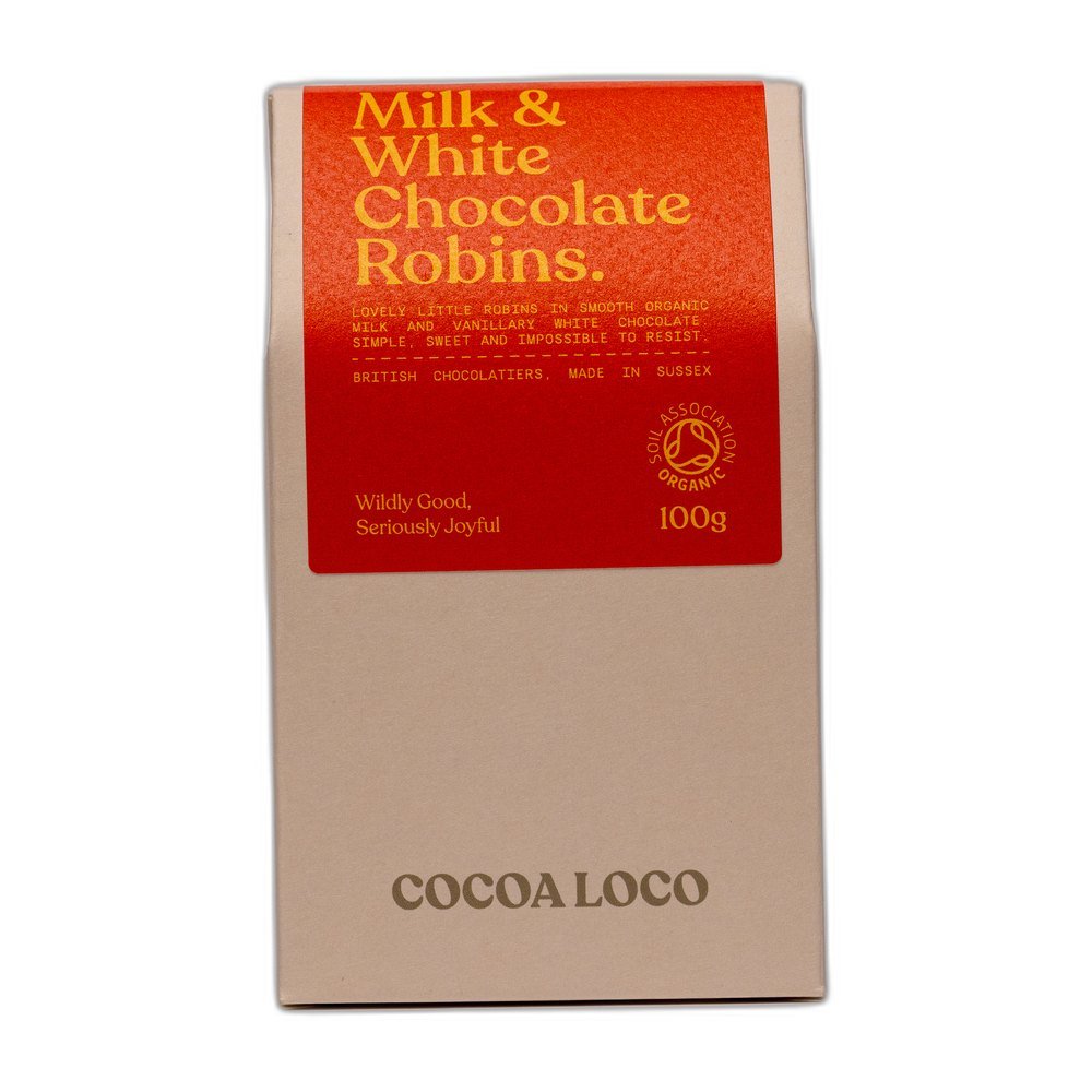 Organic Milk & White Chocolate Robins Cocoa Loco 6x100g Organic Milk & White Chocolate Robins Cocoa Loco 6x100g