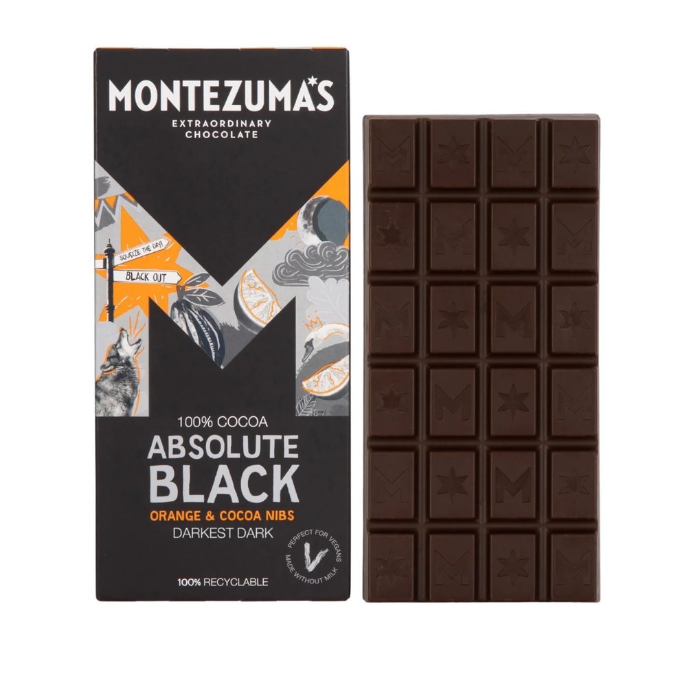 Absolute Black with Orange & Cocoa Nibs - 100% Montezuma 12x90g Absolute Black with Orange & Cocoa Nibs - 100% Montezuma 12x90g
