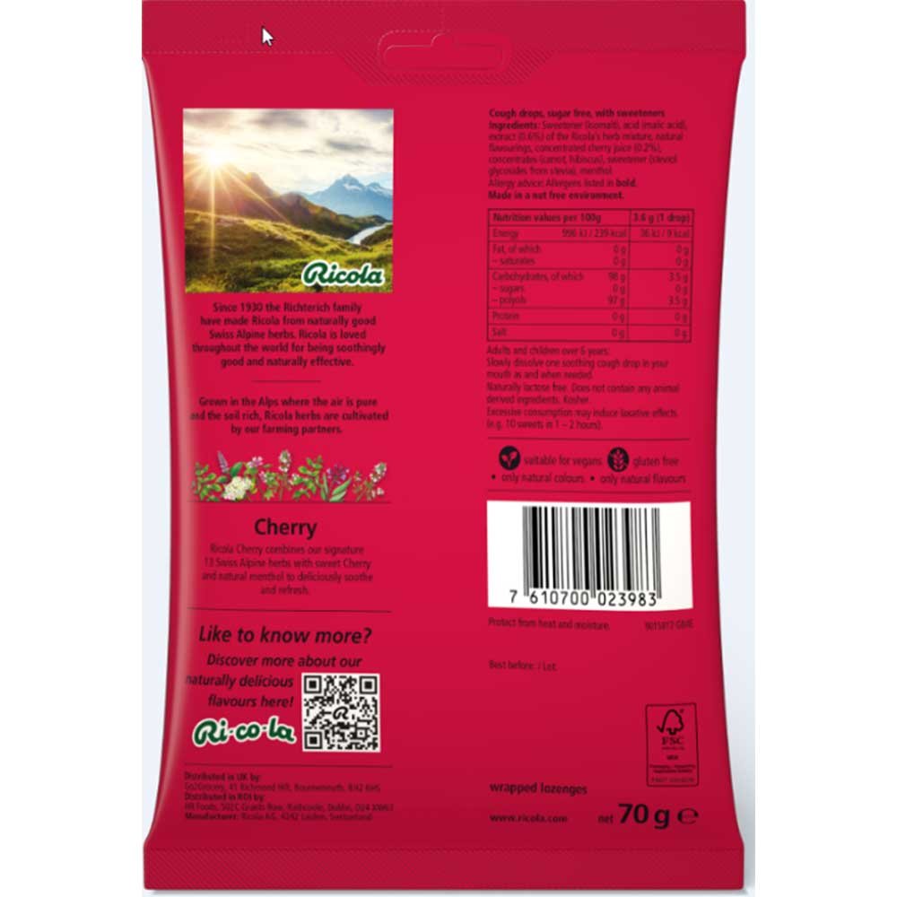 Cherry Cough Drops with Stevia - bag Ricola 70g